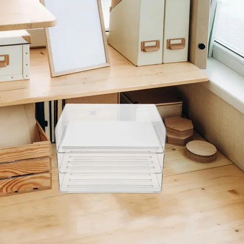 Vista 6 de Bandeja organizadora de escritorio apilable para papel y archivos, soporte ancho transparente para documentos que ahorra espacio, estante