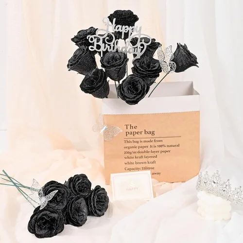 Vista 7 de Waipfaru Ramo de rosas con purpurina, regalos de cumpleaños para mujeres y madres, ramo de flores falsas con letreros de cumpleaños, 36 rosas negras