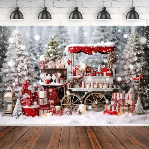 Vista 5 de Telón de fondo de fotos para tienda de cacao caliente de invierno, carrito de madera, decoración del hogar familiar, fondos de fiesta de vacaciones