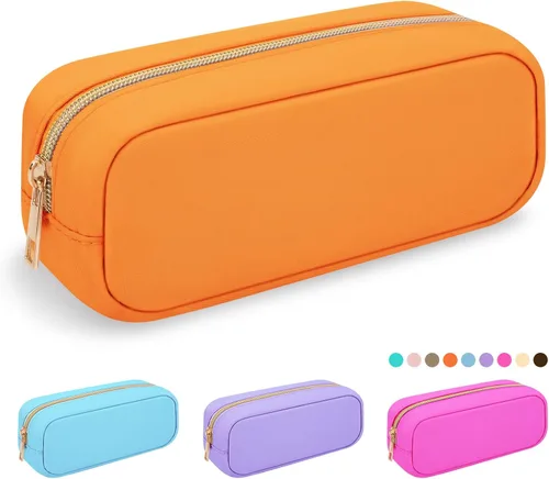 Vista 10 de Iqimott Bolsa Grande de Maquillaje de Nylon, Neceser de Viaje, Bolsa Grande de Cosméticos Preppy, Organizador de Maquillaje de Nylon, Bolsa de Beige