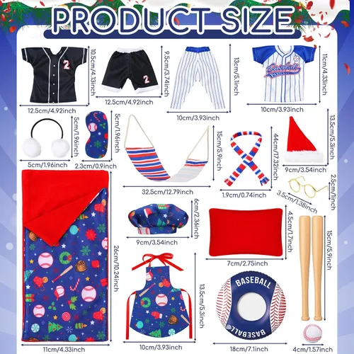 Vista 3 de 1 juego de accesorios de muñeca de Navidad 2025, incluye delantal, sombrero de chef, hamaca, columpio, saco de dormir, bata de baño, suéter