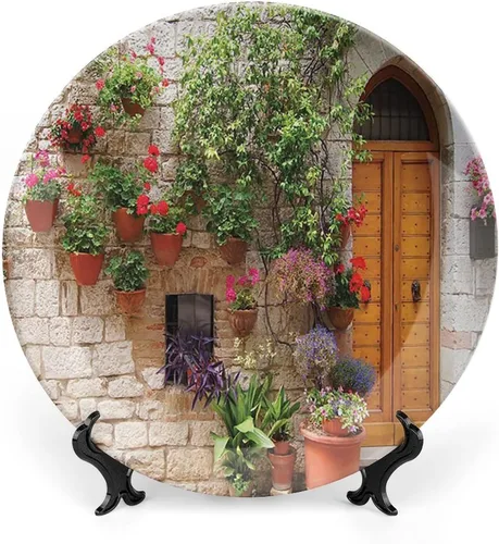 Vista 10 de Plato decorativo de 6 pulgadas, cerámica toscana, antigua calle italiana en pequeña ciudad provincial de Italia, placa de exhibición europea hecha a