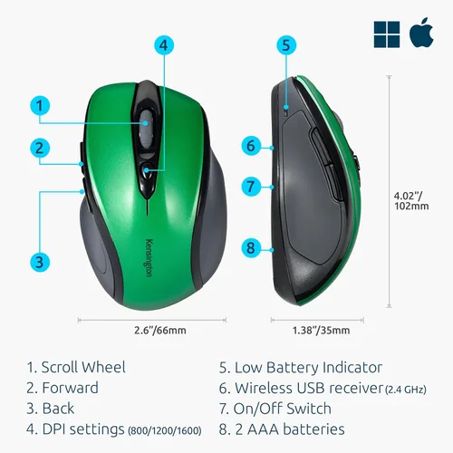 Vista 2 de Kensington Mouse inalámbrico Pro Fit de tamaño medio, verde esmeralda (K72424AM) Comfortable mid-size grip, wireless connection, reliable everyday