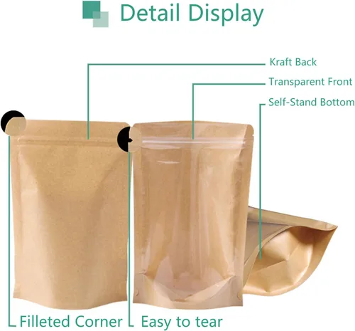 Vista 3 de 50 bolsas de papel kraft con ventana frontal transparente, bolsas resellables verticales con cierre hermético, bolsas de almacenamiento