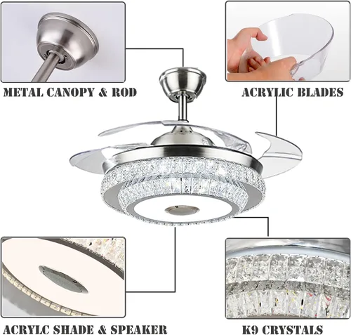 Vista 5 de Fandian Ventilador de techo de cristal moderno de 42 pulgadas con luces de control remoto, lámpara retráctil inteligente, lámpara Bluetooth
