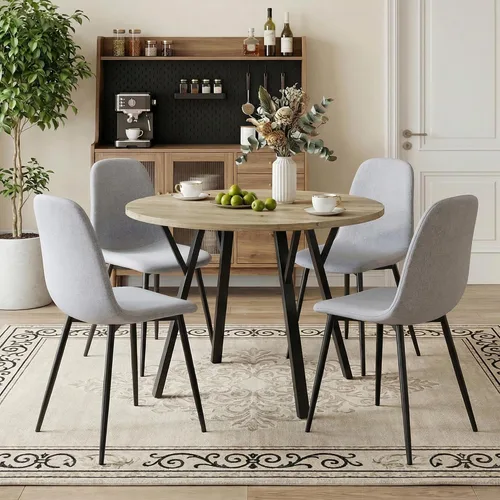 Vista 7 de Juego de mesa de comedor redonda para 4, mesa de cocina redonda rústica de 36 pulgadas y 4 sillas de comedor de lino y algodón gris oscuro, marco