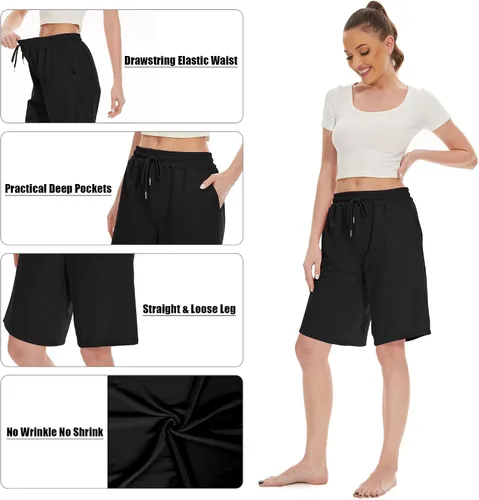 Vista 6 de SICVEK Womens Knee Length Bermuda Shorts Loose Fit Summer Cotton Comfy Lounge Shorts Drawstring with Pockets