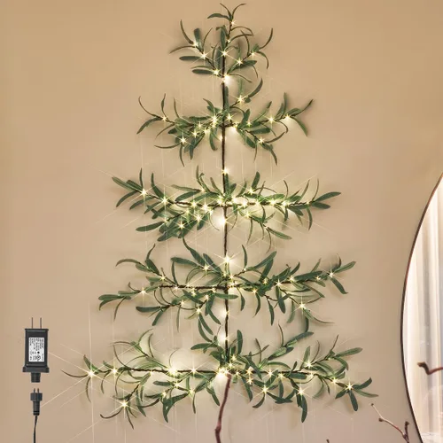 Vista 5 de Hairui Árbol de olivo iluminado para colgar en la pared con temporizador de 3.5 pies, 140 luces LED de color blanco cálido, guirnalda de vid