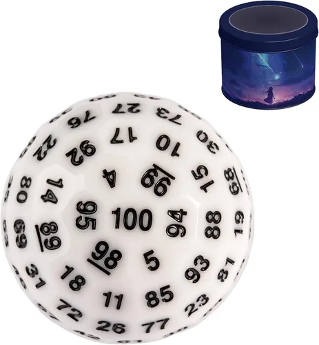 Vista 15 de Dados poliédricos mejorados de 100 caras (D100), 1.969 in, fuente negra/roja, dado único, dados de juego D&D, lata de almacenamiento de metal