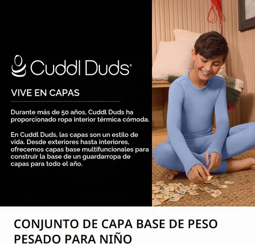 Vista 3 de Cuddl Duds Conjunto térmico con forro polar pesado para clima frío para niños, camisa de manga larga y leggings, pantalones largos para niños Negro