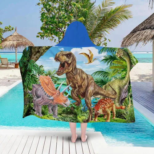 Vista 8 de Toalla con capucha de dinosaurio, toalla de playa de dinosaurio para niños de 30 x 50 pulgadas, microfibra T-Rex absorbente de secado rápido