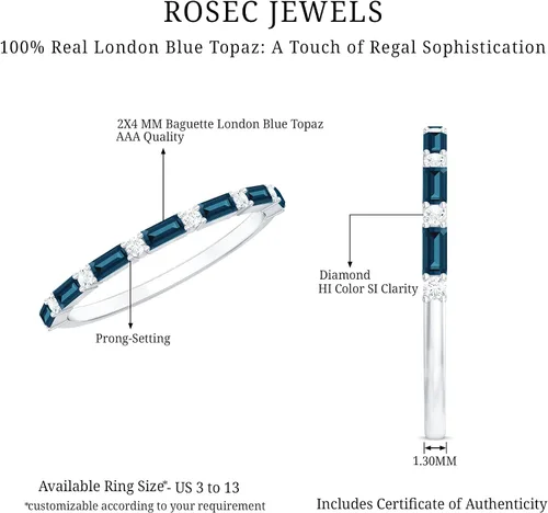 Vista 6 de Natural London Blue Topaz Diamond Half Eternity Anillo de calidad AAA, anillo apilable de topacio certificado – con joyero