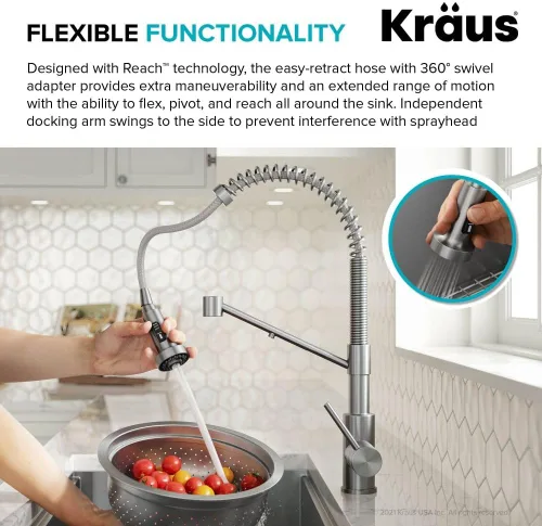 Vista 11 de Kraus Bolden 2-en-1 Grifo de cocina de estilo comercial con filtro de agua monomando extraíble para ósmosis inversa o sistema de filtración de agua