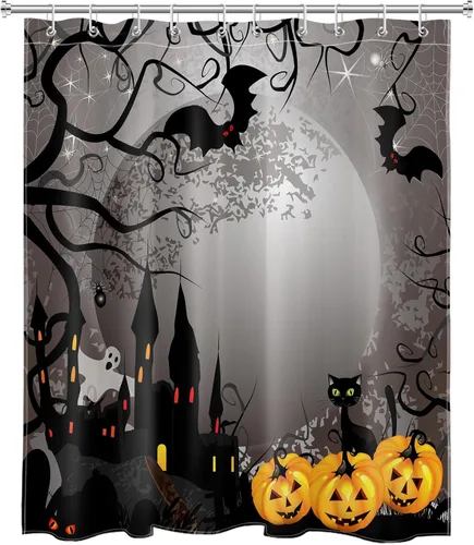 Vista 2 de EOBTAIN Cortina de ducha de calabaza espeluznante de Halloween, fantasma y gato murciélago con casa embrujada en noche oscura aterradora, cortina