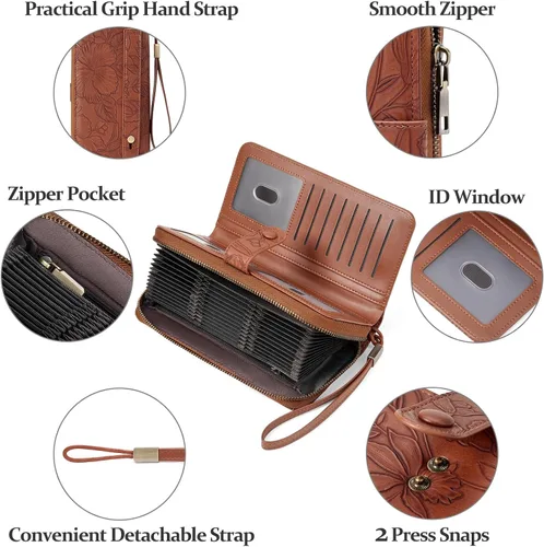 Vista 5 de SENDEFN Cartera de piel con cierre RFID para mujer, con cierre de cremallera, de gran capacidad, con correa para la muñeca, Marrón, Classic