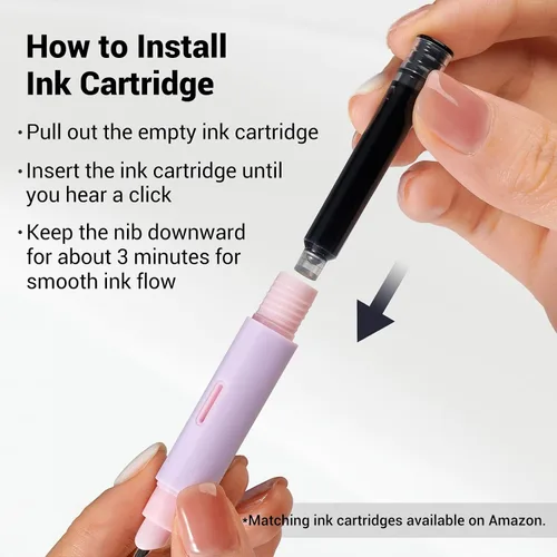 Vista 3 de WRITECH Pluma estilográfica de agarre suave: Plumín fino con tinta negra y 3 cartuchos de tinta y 1 juego de repuesto de plumín, escritura suave Rosa
