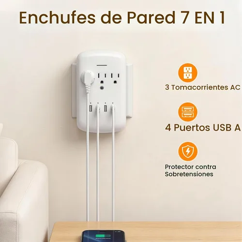 Vista 2 de Oviitech Adaptador de Montaje en Pared Multi Toma de Corriente con Protector Contra Picos de Corriente y 4 (4.2 AMP) Puertos USB de Carga, 3 Tomas