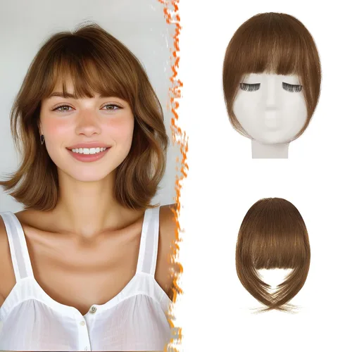Vista 33 de BARSDAR Flequillo postizo de pelo humano real - Flequillo postizo 100% pelo humano para mujeres - Extensiones de flequillo ondulado castaño rojizo