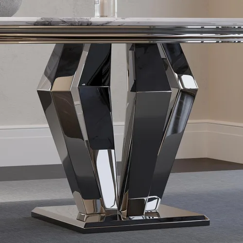 Vista 4 de ACEDÉCOR Juego de mesa de comedor para 4, mesa de comedor rectangular de 78 pulgadas con parte superior texturizada gris y base geométrica plateada