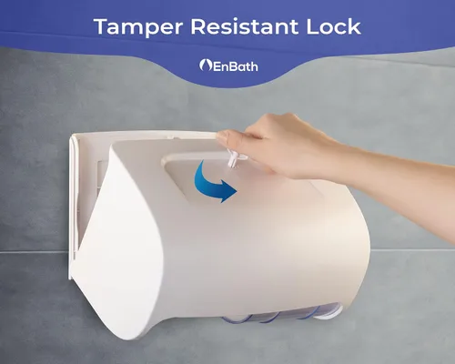 Vista 4 de Dispensador de papel higiénico comercial de montaje en pared, doble (2 rollos) con bloqueo de papel higiénico (blanco) compacto de dos rollos