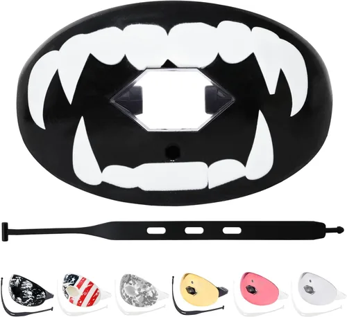 Vista 12 de Protector bucal de fútbol americano con correa, protector bucal transpirable para jóvenes y adultos, protector de dientes y labios