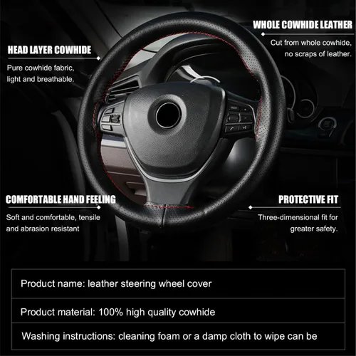 Vista 3 de Funda de Volante de Cuero Genuino, Envoltura con Costura para Volante de hasta Diámetro 15 Pulgadas, Protector de Volante de Costura DIY, Accesorios
