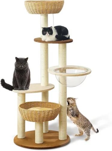 Vista 14 de Torre de árbol moderna para gatos de 52 pulgadas para gatos grandes, 3 nidos para gatos tejidos a mano, multinivel, enormes Paws Pals árbol