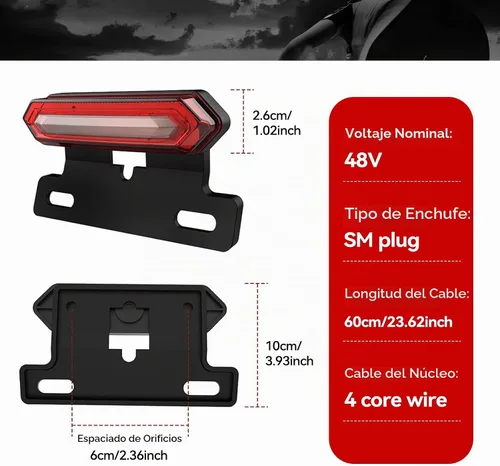 Vista 6 de Luz trasera de bicicleta eléctrica, luz trasera de bicicleta eléctrica de alto brillo, reflector trasero de bicicleta de 48 V con conector SM, luz