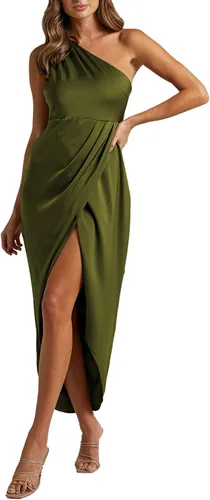 Vista 4 de LYANER - Vestido con diseño fruncido de un hombro descubierto para mujer, sin mangas, con abertura lateral, dobladillo cruzado y cremallera