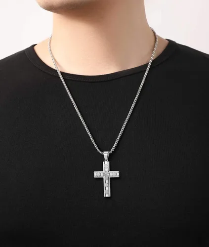 Vista 5 de MADURIAO Cross Necklace Stainless Steel Religious Cross Pendant Jewelry for Men Women Chain Silver Gold Black Bule Available
