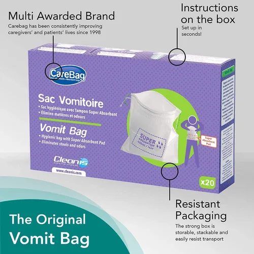 Vista 3 de Bolsa para vómito Carebag con almohadilla súperabsorbente (Caja de 20 bolsas), CLEANIS VOMIT BAG, 1, 1