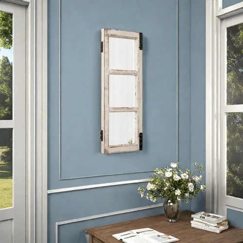 Vista 4 de Espejo de Ventana con Marco de Madera Estilo Granja 14" x 33", Espejos de Ventana Rústicos Blancos Desgastados para Colgar Verticalmente