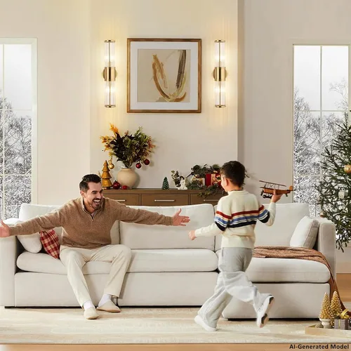 Vista 8 de Lámpara de tocador moderna de latón cepillado, 1 unidad, aplique de pared de doble varilla de vidrio para baño, base de candelabro E12 de doble