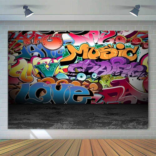 Vista 12 de Telones de fondo de fotografía de graffiti de 5 x 3 pies, colorido hip hop urbano temática sesión de fotos de regreso a la fiesta temática