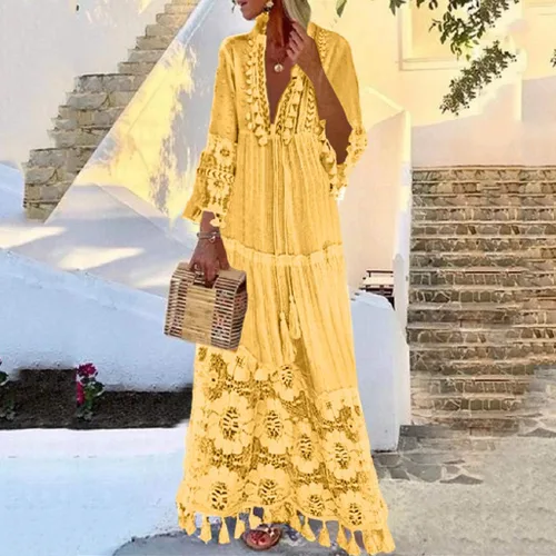 Vista 2 de Vestido de mezclilla para mujer, bohemio, talla grande, con cuello en V, color sólido, con borlas, vestido largo de boda, vestidos de novia 2022