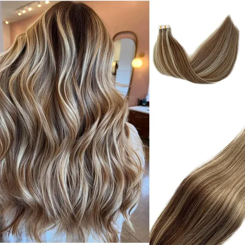 Vista 12 de Extensiones adhesivas rubias de cabello humano brasileño grado 9A, #60 rubio platino, cinta en 12 pulgadas, 20 unidades por juego, extensiones