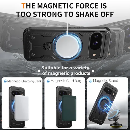 Vista 2 de Funda magnética para Google Pixel 9 Pro XL compatible con cargador inalámbrico MagSafe, para Pixel 9 Pro XL con soporte de 360° + 2 protectores