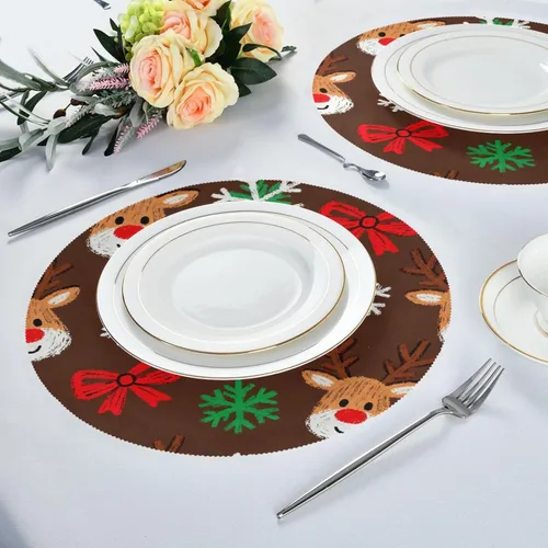Vista 6 de Manteles individuales de Navidad con lazo y ciervos marrones para mesa de comedor, tejido redondo, reutilizables, para bebé, juego de 4 manteles