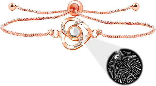Vista 14 de Pulsera ajustable de cadena de plata/oro rosa, 4 dijes de corazón diferentes en 100 idiomas con texto en inglés "Say I Love You", pulsera