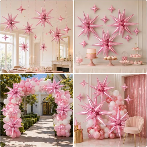 Vista 7 de 18 globos de estrella rosa, globo rosa bebé con 6 globos de estrella en explosión de 22 pulgadas, 12 globos de aluminio de cuatro estrellas