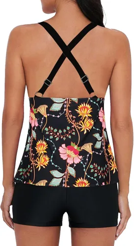 Vista 2 de Traje de baño tankini de dos piezas para mujer, con nudo frontal, parte superior con volantes y pantalones cortos