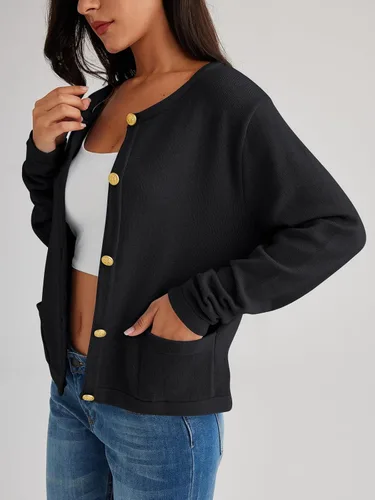 Vista 2 de LILLUSORY Chaqueta de mujer con cuello redondo y botones dorados, chaqueta con bolsillos de parche