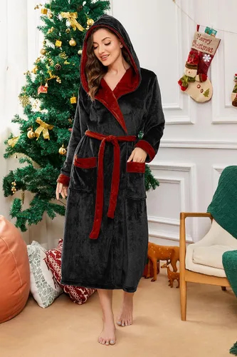 Vista 100 de HEARTNICE Bata de forro polar con capucha para mujer, bata de baño suave para mujer, bonito abrigo largo para casa