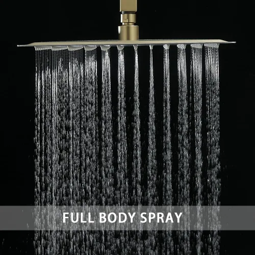Vista 3 de Sistema de Ducha Dorado Cepillado para Baño con Cabezal de Ducha de Lluvia de 10 Pulgadas de Montaje en Techo con Ducha de Mano de Lujo de Alta