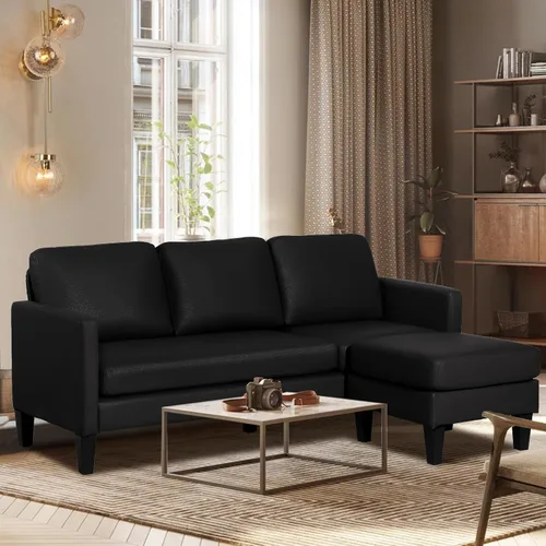 Vista 2 de Sofá modular convertible de cuero en forma de L con diván reversible, moderno sofá modular de 3 plazas para sala de estar, espacios pequeños