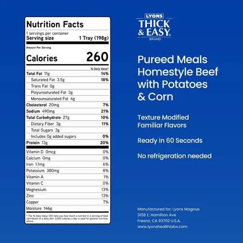 Vista 2 de Thick & Easy® Puré de carne casera con papas y maíz, comida modificada con textura para soporte para tragar, comida lista para servir