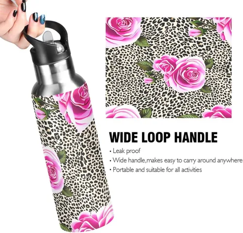 Vista 4 de Pink Roses Leopard Print Stainless Steel Vacuum Insulated Water Bottle 20 Oz Leakproof Water Bottles, BPA-Free Sport Water Bottle Insulated