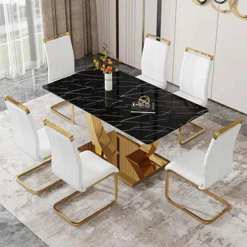 Vista 14 de Juego de mesa de comedor de 63 pulgadas para 4, juego de mesa de comedor dorado moderno para 4, juego de mesa de cocina de mármol sintético
