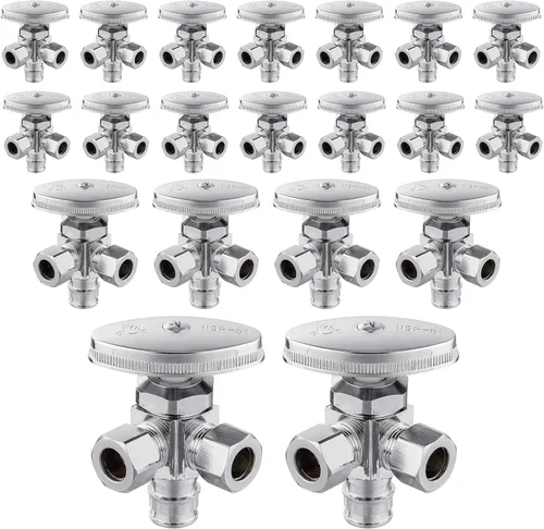 Vista 9 de EFIELD Válvula de parada de ángulo de giro múltiple con salida de compresión doble, 1/2 "NOM (5/8" OD) x (3/8 pulgadas x 3/8 pulgadas) cromo