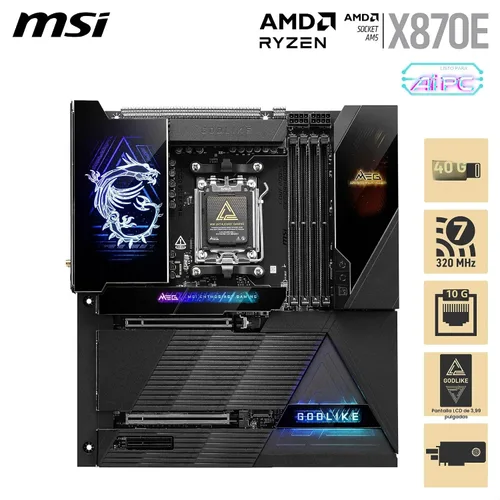 Vista 2 de MSI MEG X870E GODLIKE, E-ATX - Compatible con procesadores AMD Ryzen 9000/8000/7000, AM5 - Dynamic Dashboard III, EZ Slide M.2, 110A SPS, memoria